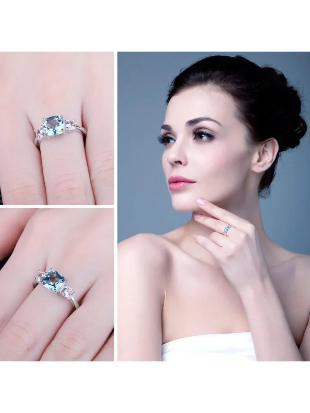 Cushion Cut 2.6ct Blue Topaz 3-Stone Ring, 14K Gold Plated Sterling Silver